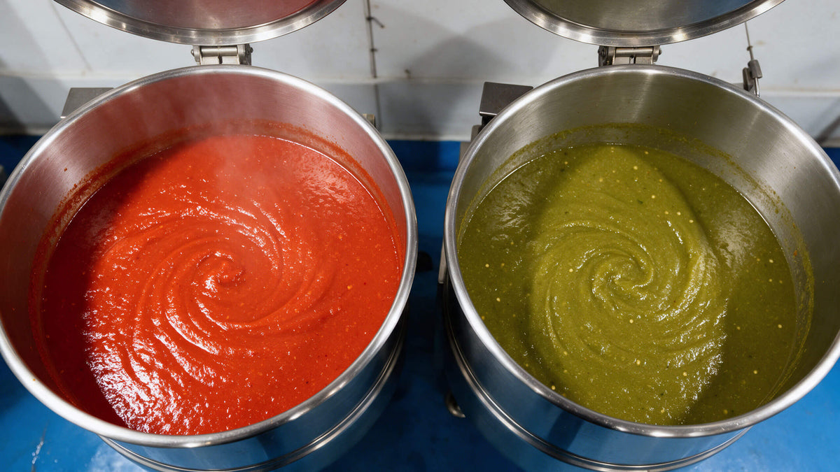 Overhead view of two stainless steel kettles side by side, one swirling with red Caribbean Style Habanero sauce and one with green Fresh Serrano sauce.