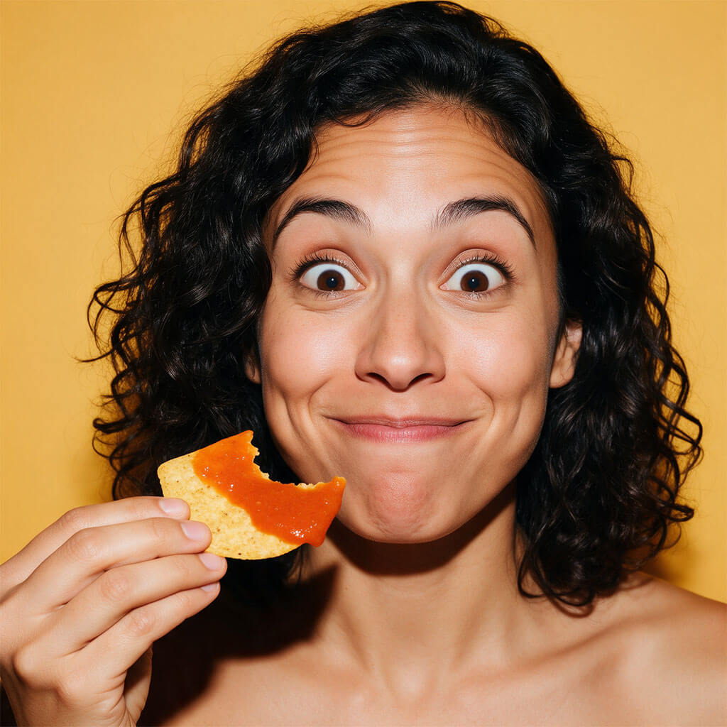 Wide-eyed woman with curly hair holding a bitten tortilla chip topped with red habanero hot sauce