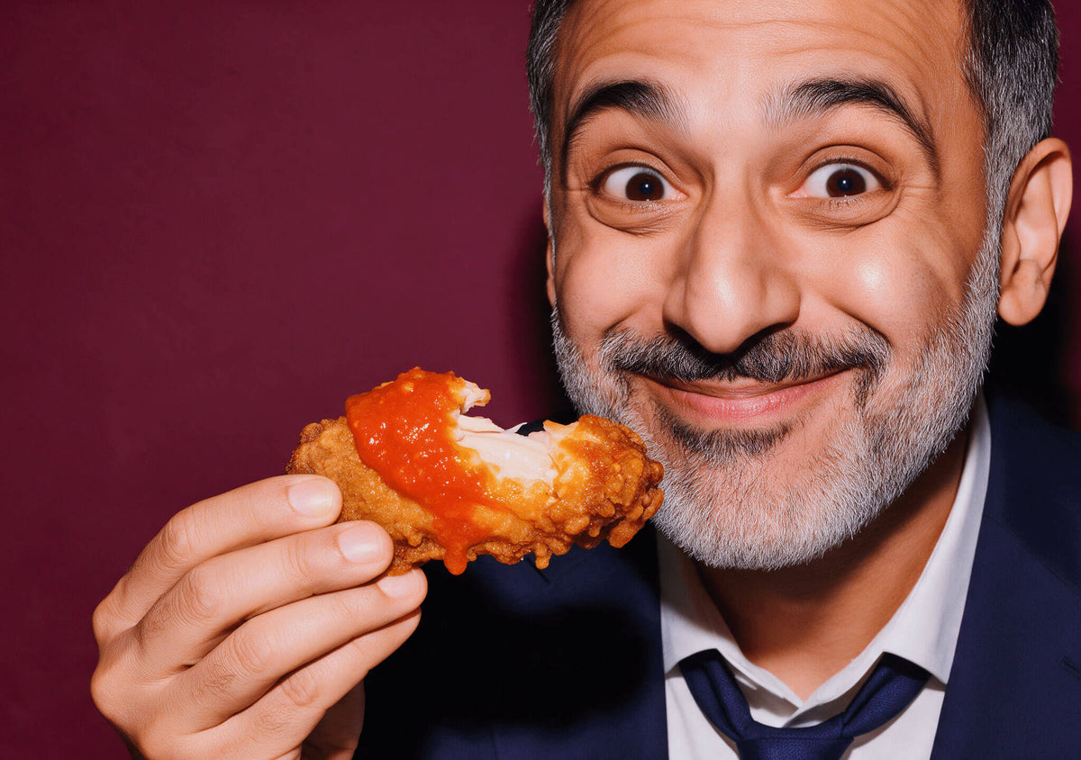 Smiling man in a suit holding a crispy chicken wing drizzled with red Caribbean Style Habanero hot sauce