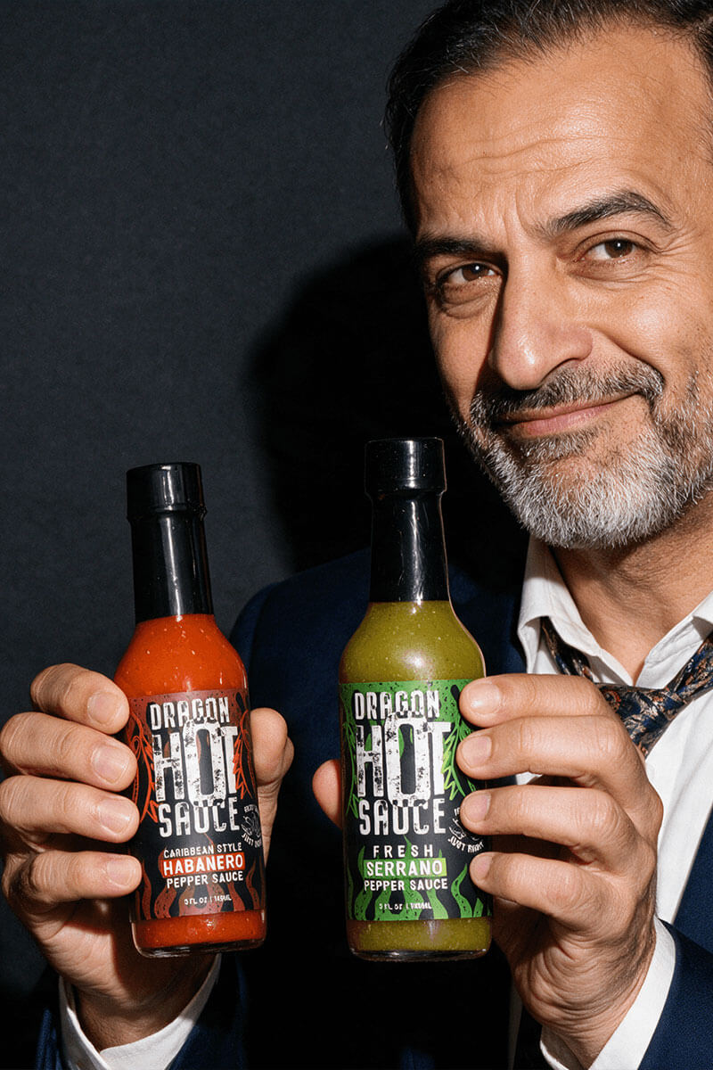 Man in a navy suit holding bottles of Dragon Caribbean Style Habanero and Fresh Serrano hot sauce