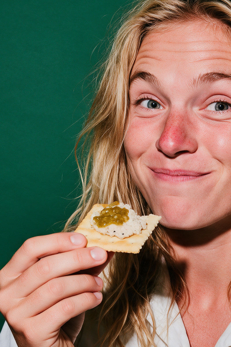 Woman with long wavy hair smiling over a cracker topped with fish dip and green Fresh Serrano hot sauce