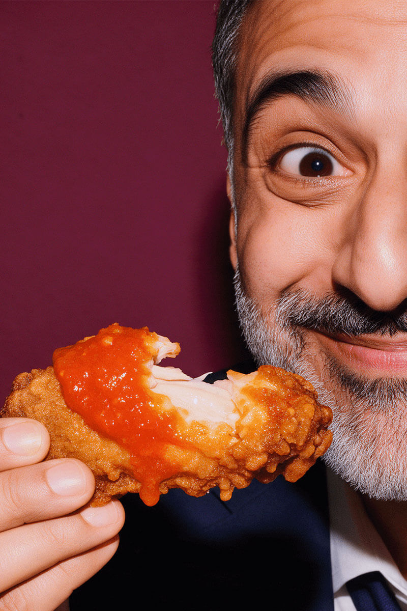 Smiling man in a suit holding a crispy chicken wing drizzled with red Caribbean Style Habanero hot sauce