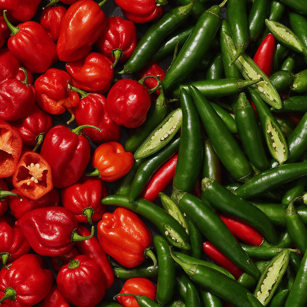 Pile of fresh red habanero peppers and green serrano peppers, some sliced open